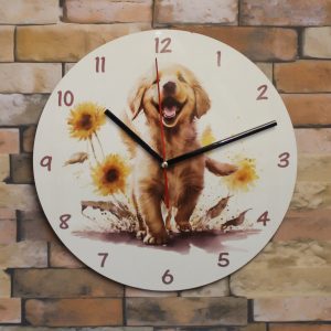 Wooden Clock - Pup and Sunflowers